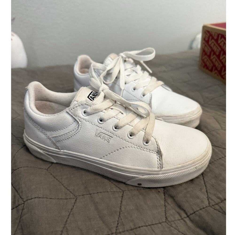 Vans White Leather Lace Up Sneaker Kids US 2Y Breathable Casual Shoes